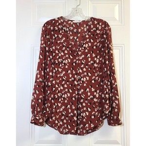 Lush Chantelli Top Brown Size M Blouse Long Sleeve V-Neck Pleat Print Semi Sheer